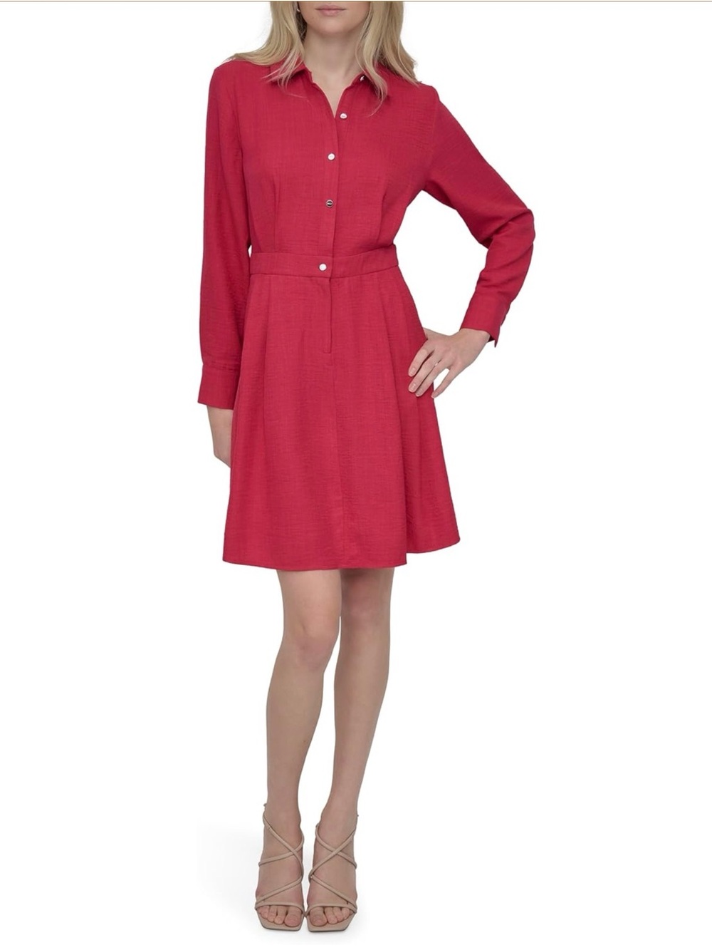 Dkny Crimson Button-Front Long Sleeve Shirt Dress
